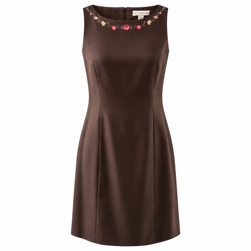 Vintage 90s Brown Silk Shift Mini Dress Floral Dark Romantic Updated Lady 0P
